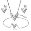 V Letter Necklace, Earrings & Bracelet Set - Stainless Steel Jewelry