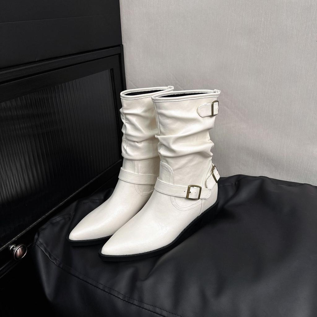 Sheepskin Version~ Pointed Thick Heel White Short Boots Women's 2025 New British Style Belt Buckle Thick Heel Temperament Martin Boots