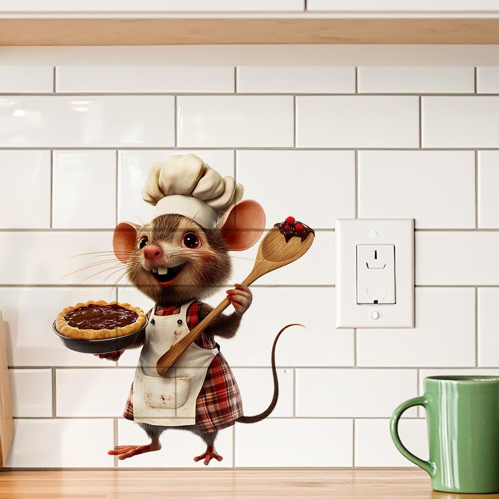 Playful Chef Mouse Wall Sticker Removable Self-Adhesive Decal for Kids Room Kitchen Childrens Wall Decor