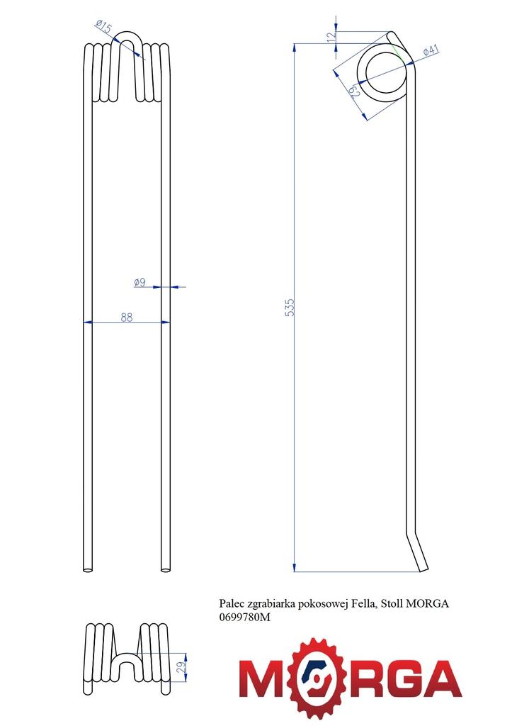 Zahn für Fella, Stoll Schwadmäher-Schwader Fi-9Mm L-535Mm Pulverbeschichtet Morga