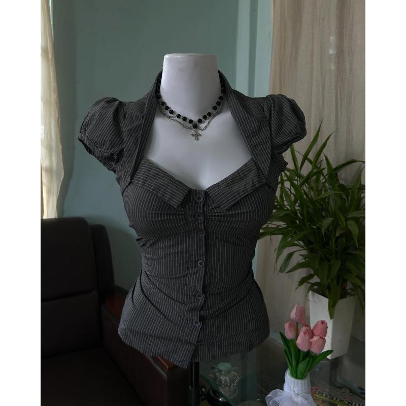 ROADVIBE Chemise japonaise rétro noire neuve à col en V pour femmes Harajuku Goth grande taille ajustée à la taille et amincissante top fashion