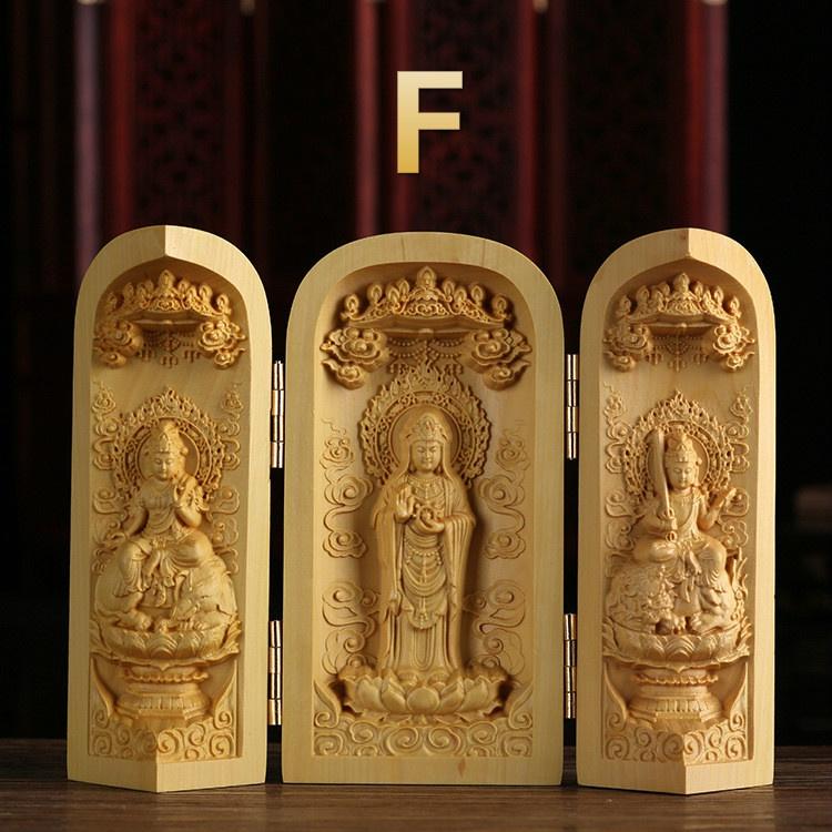 1 Stück Exquisite Buchsbaum-Schnitzerei Guanyin Buddha Statue Westliche Drei Heilige Holzschnitzkunst Handwerk Heimdekoration