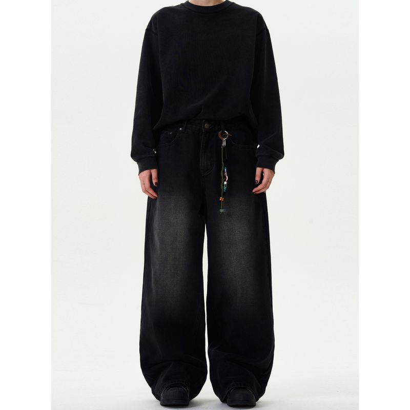 Madwitch Retro Washed Bootcut Denim Men's and Women's Loose Casual Wide Leg Straight Black Pants Ins