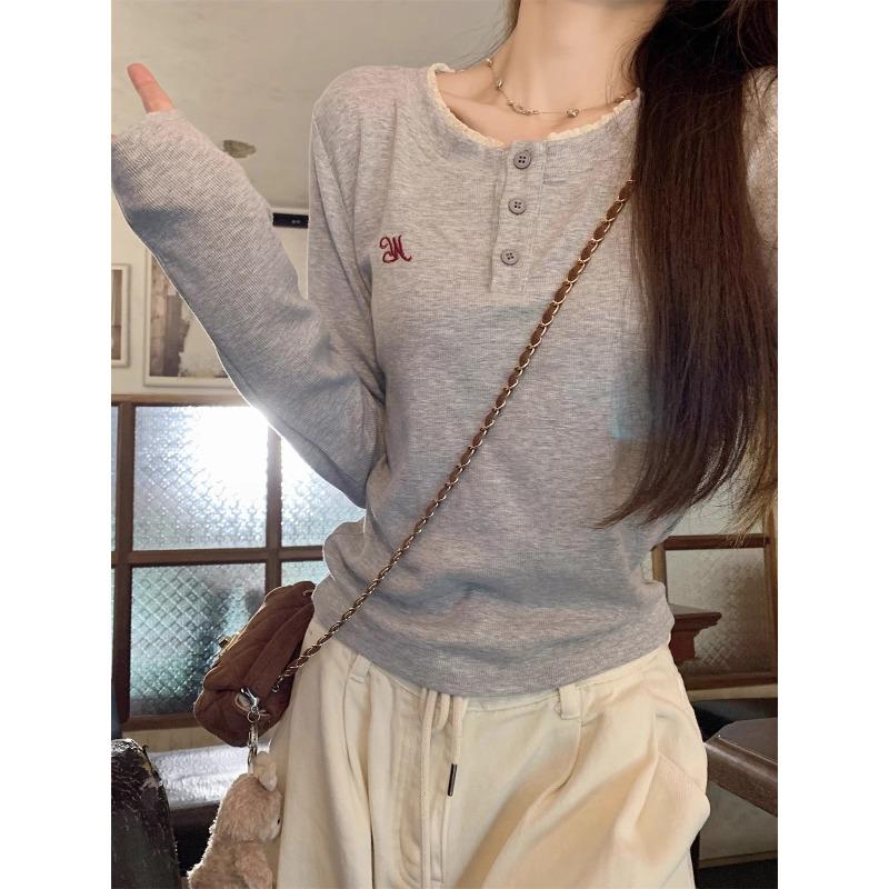 Women Embroidered Design Half Open Collar Long Sleeve Casual Layering T Shirt
