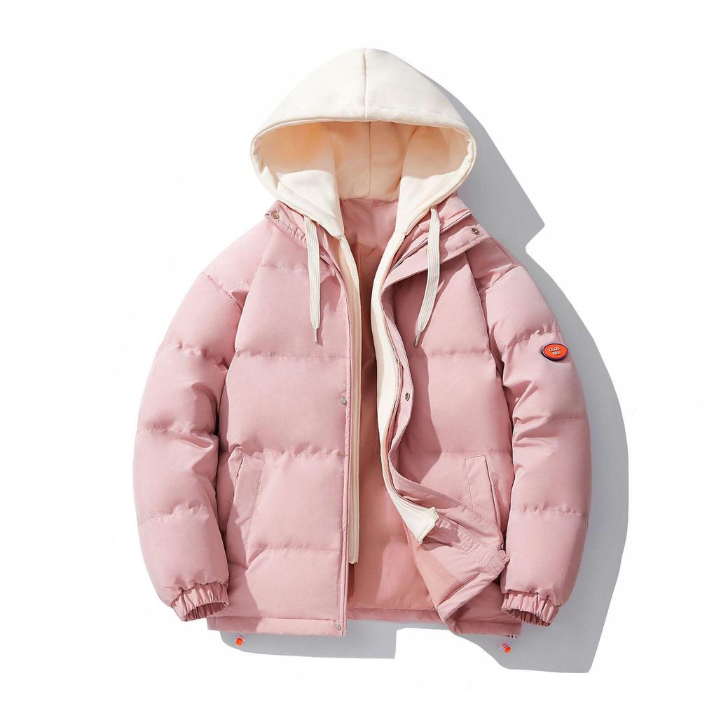 Men's Trendy Winter Cotton Jacket: Loose Fit, Hooded, Fake Two-Piece Design, Thickened for Warmth