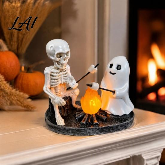 Warm Flame Effect Lamp Skeleton And Ghost Bonfire Night Lamp Halloween Campfire Flickering Table Indoor Outdoor Holiday Light Cute Spooky Roasting