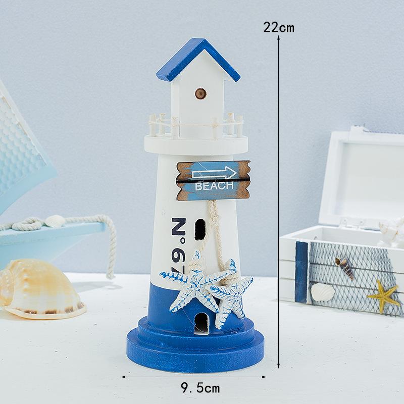

22CM Mediterranean Style Wooden Lighthouse Ocean Fishing Net Sailboat Wooden Figurine Desktop Ornamen Gifts Shooting Props