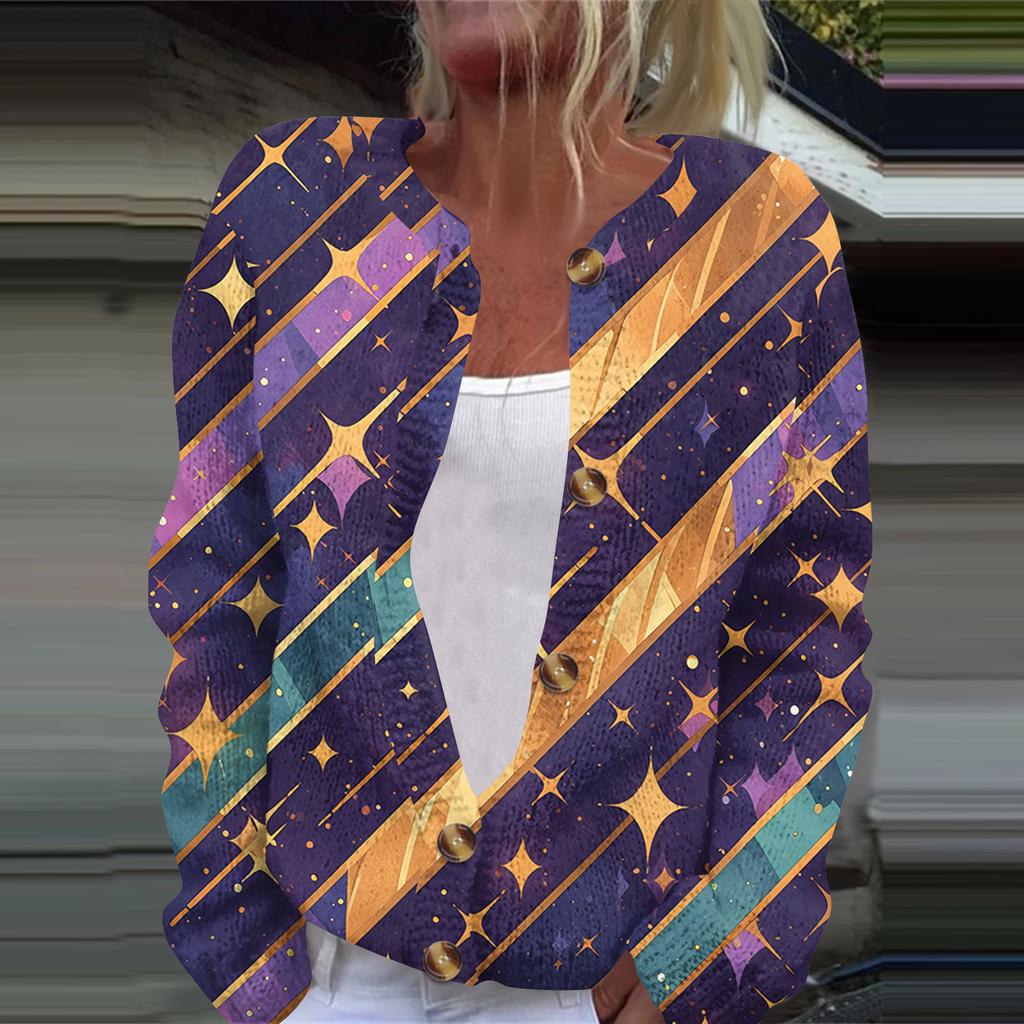 Women's Fashion Printed Long Sleeve Knitted Cardigan Button Down Jacket