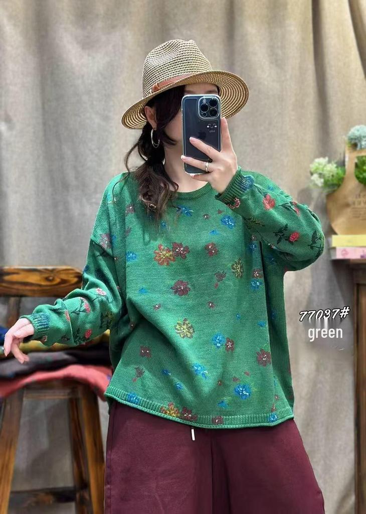 Women's Retro Artistic Loose Knit Sweater - Round Neck Cotton Pullover for Fall 2026