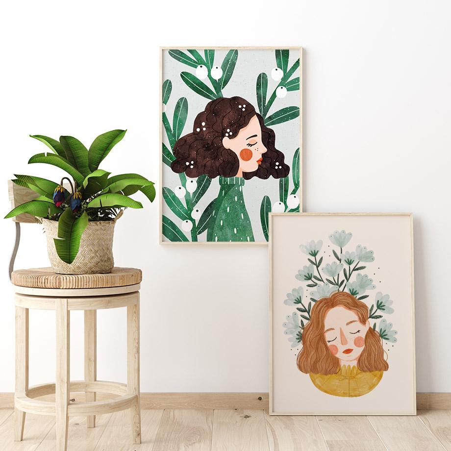Boho Fashion Girl Flowers Leaves Illustration Wall Art Canvas Painting Nordic Poster And Prints Pictures For Living Room Decor