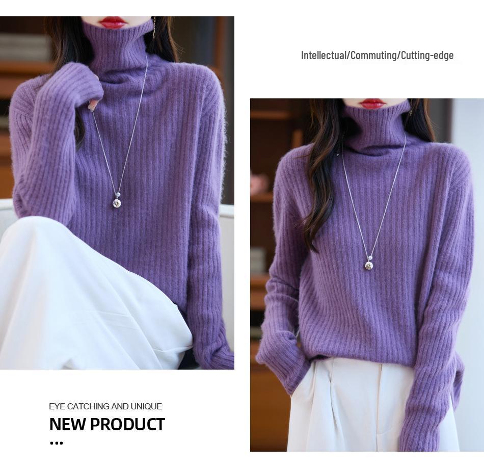Women's Pure Wool High Neck Ribbed Sweater - Autumn/Winter Versatile Knitwear
