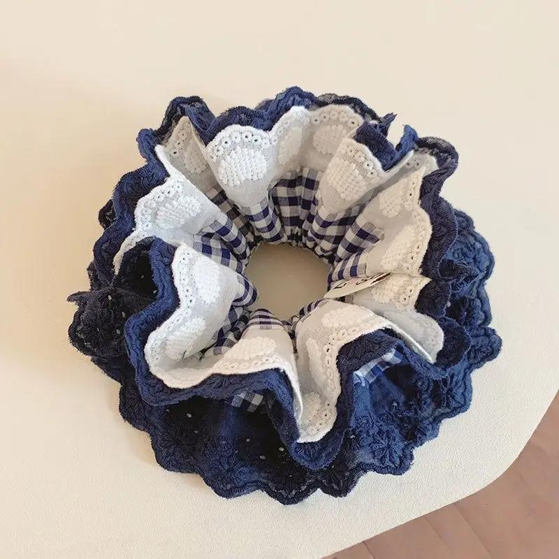 1pc New Lace Plaid Large Intestine Loop Simple Ponytail Temperament Headband Casual Meatball Headband Blue Lace Hair Tie синий