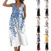 Sleeveless V Neck Midi Dress with Leaf Pattern Print Loose Fit Casual Style Lightweight Fabric