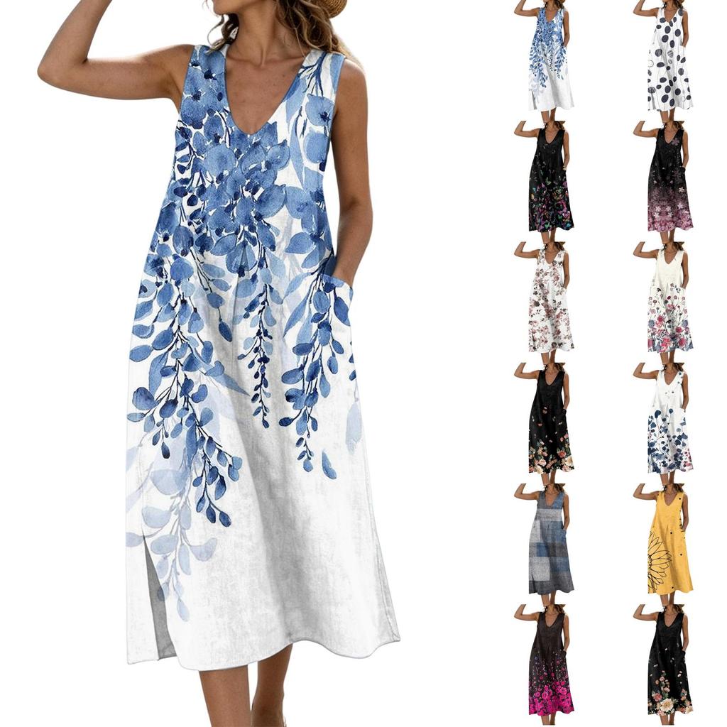 Sleeveless V Neck Midi Dress with Leaf Pattern Print Loose Fit Casual Style Lightweight Fabric