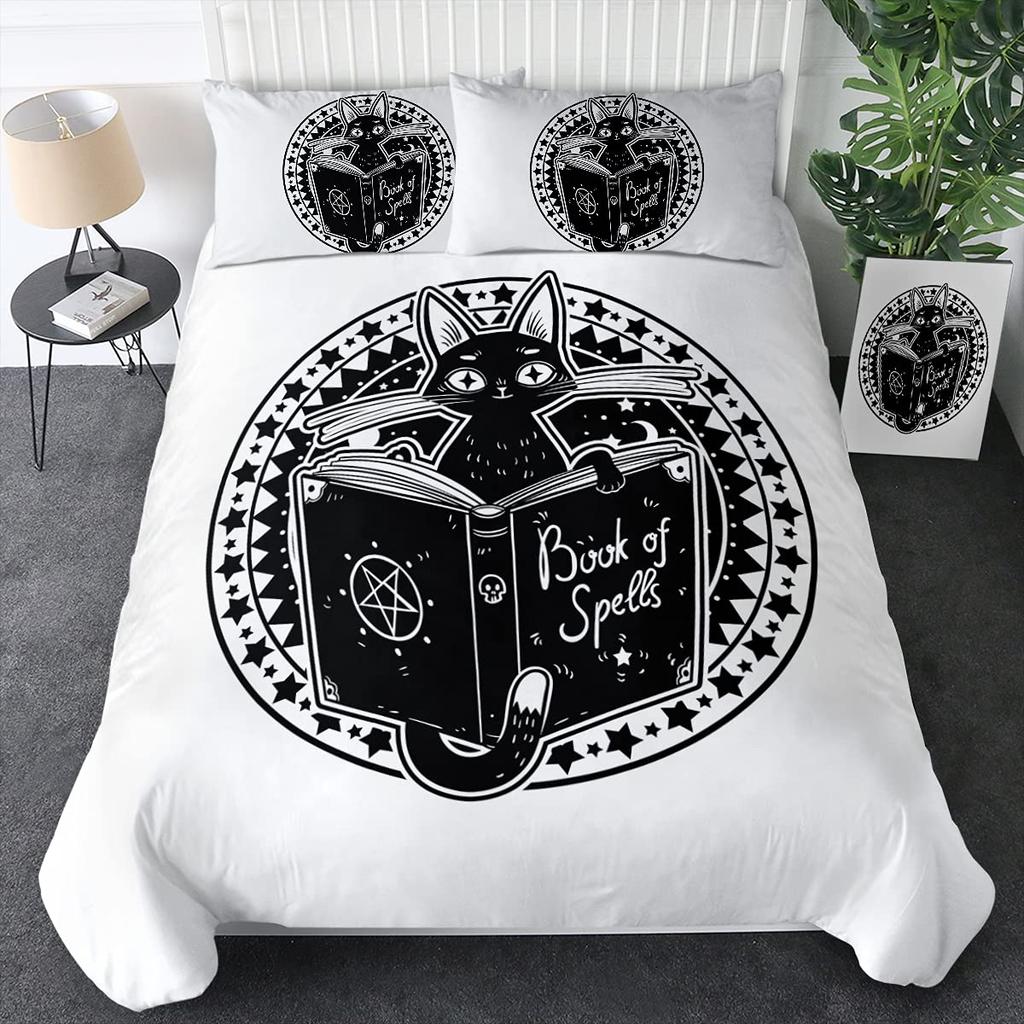Witch Black Cat Duvet Cover Set Full,Cat Sitting On Moon Bedding Set Vintage Gothic Animals Cat Comforter Cover 2/3pcs Bed Sets