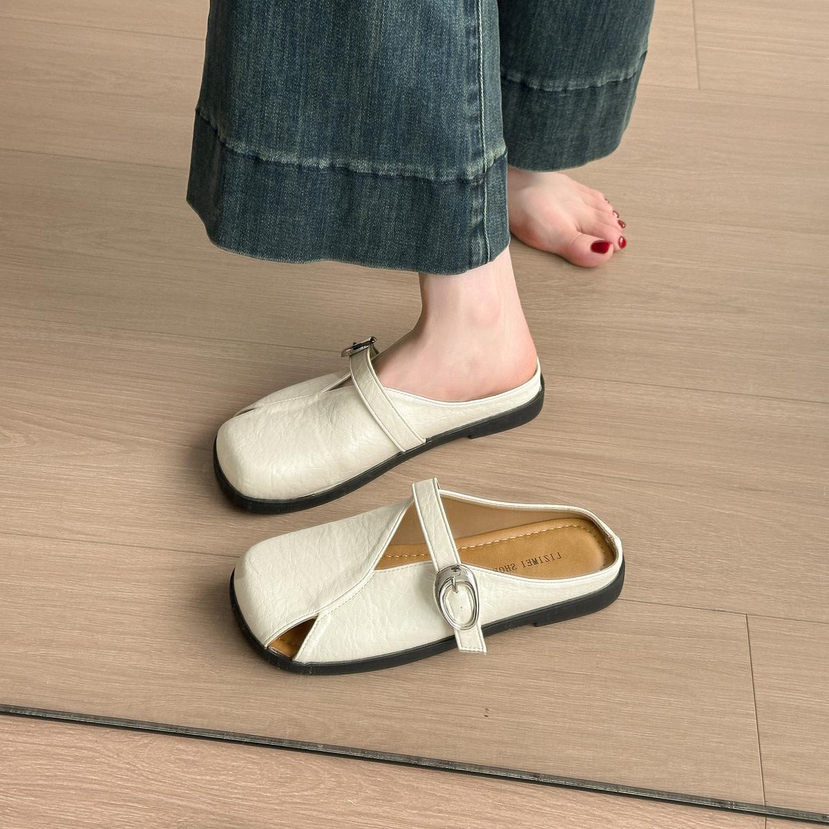 

Сумка с пряжкой, голова, полутапочки, верхняя одежда, лето 2025, новинка, без каблука, плоская подошва, кожаные дышащие сандалии, полые, желтые 40 бежевый