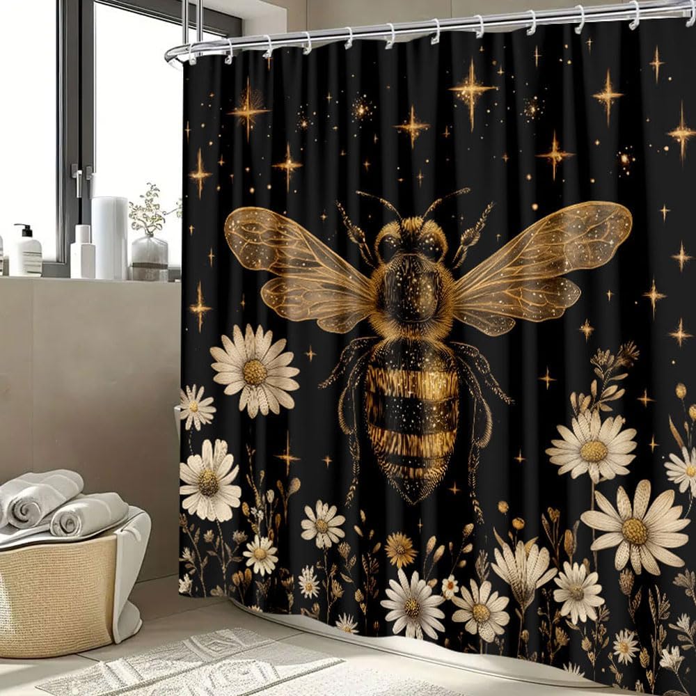 Vintage Boho Shower Curtain Black And Gold Floral Bathroom Aesthetic Decorative, Funny Rustic Bee Daisy Flowers Witchy Eclectic