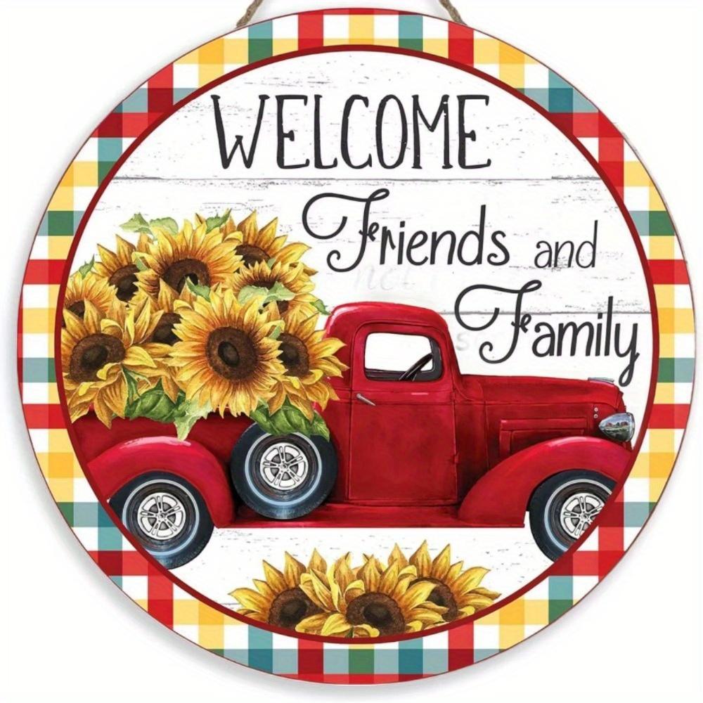 1pc 2d Flat Retro Round Wooden Sign Flower Market Flower Truck, Novel and Interesting Garage Bar Kitchen Home Family Friend Gift Wooden Sign- 20cm