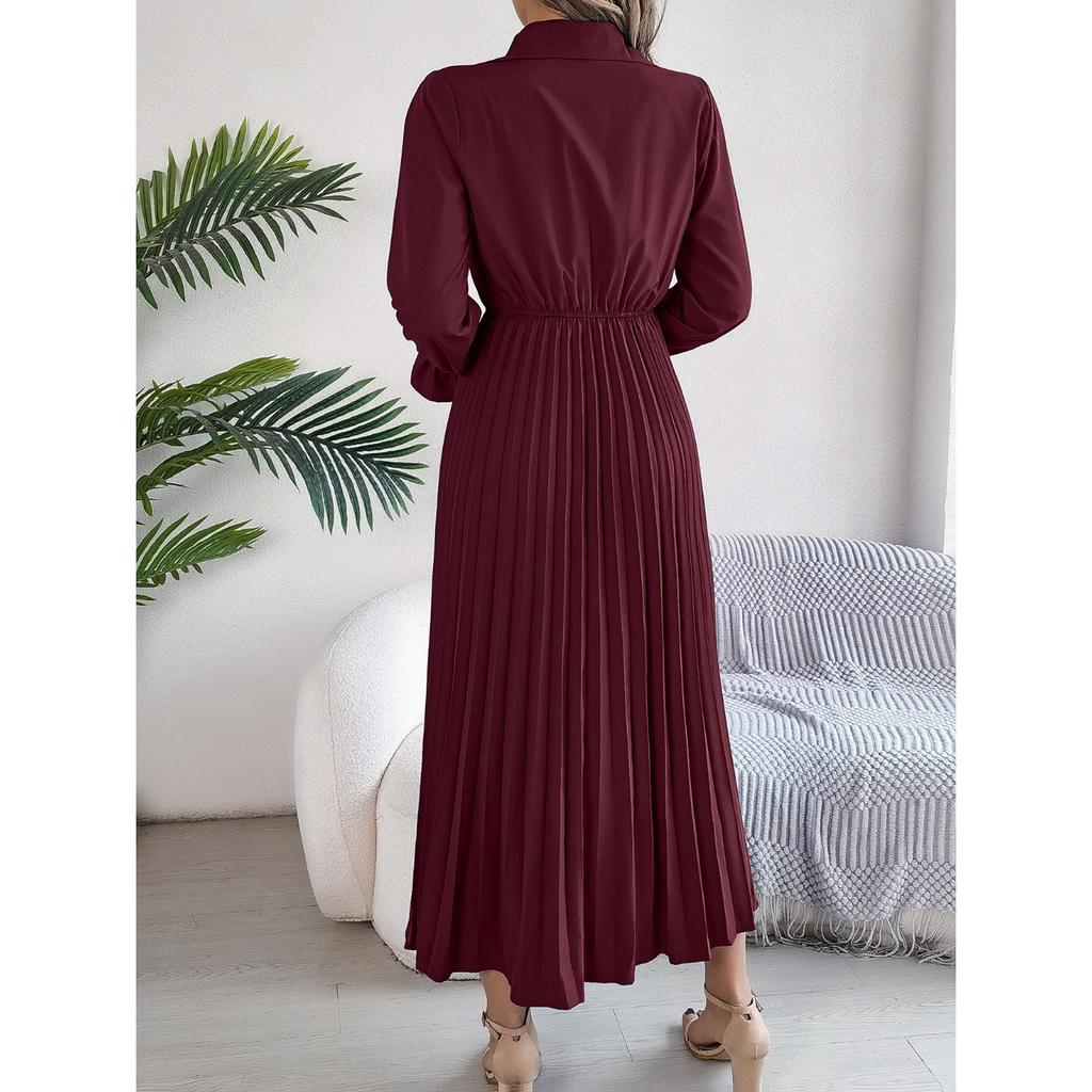 GMXIA Autumn and Winter Casual Lapel Button Long-sleeved Waist-cinching Pleated Long Dress Women's Clothing