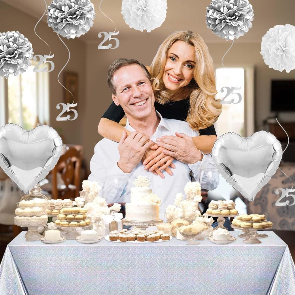 25th Anniversary Decorations, Silver 25th Wedding Anniversary Party Decorations, 25 Year Anniversary Decor, Happy 25th Anniversary Backdrop