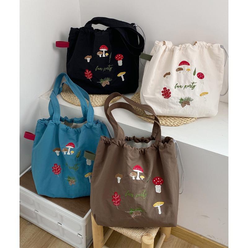 Thickened Model~ Vintage Nylon Tote Bag Large Capacity Embroidered Shoulder Bundle Mouth Bag Student Class Commuter Bag