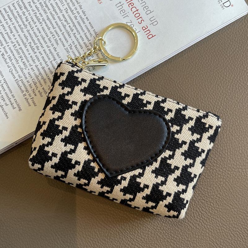 

Кошелек для монет с вышивкой «гусиные лапки» и брелоком, женские кожаные короткие кошельки с сердечком, кошелек с держателем для карт, сумка