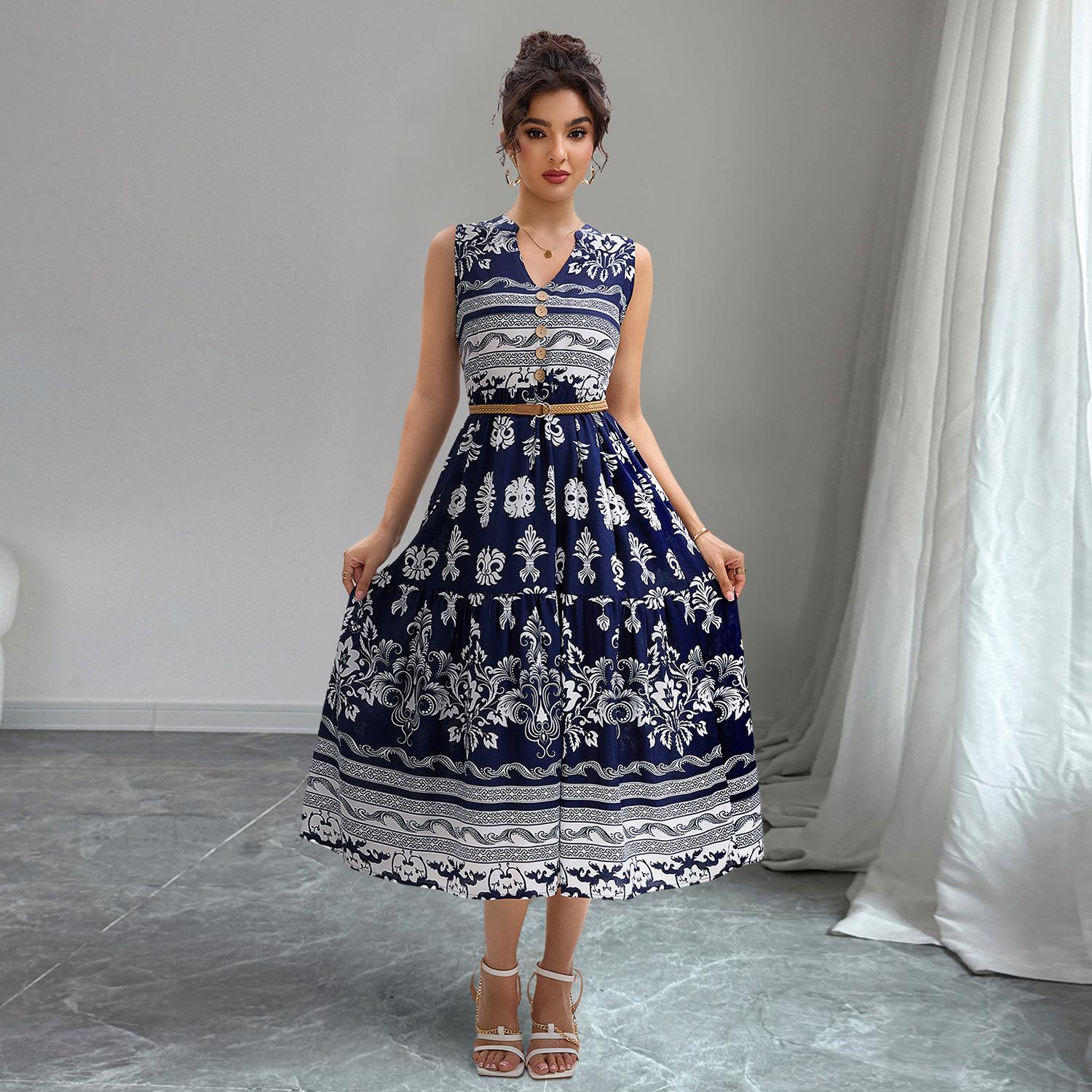

Blue Floral Print V-Neck Sleeveless Dress with Brown Belt, Women s Summer Casual Button Front Sundress XL Темно-синій