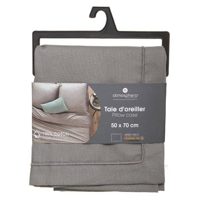 Taie d oreiller "Carina" coton gris souris 50x70cm - Atmosphera createur d'interieur