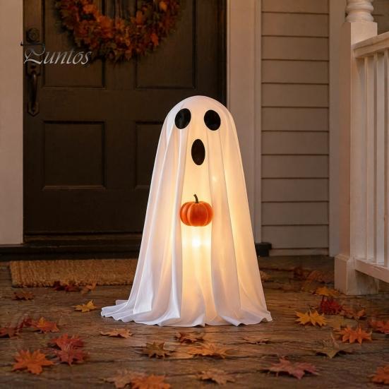 Children Party Favors Halloween Ghost Decoration, Light-Up White with Pumpkin, Indoor Holiday Home Decorations Cute Standing Tabletop for Decor