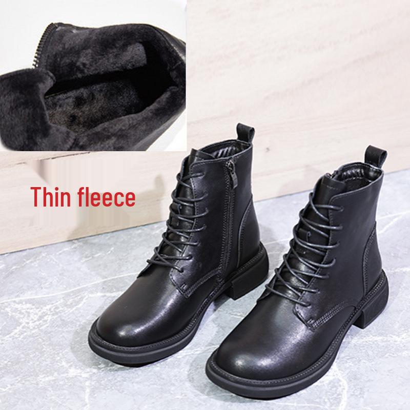 Plus Size Women's Genuine Leather Martin Boots - Flat Heel, Lace-up, Side Zipper, Cowhide, Ankle Boots, Sizes 41–43, Versatile for Autumn 2022.