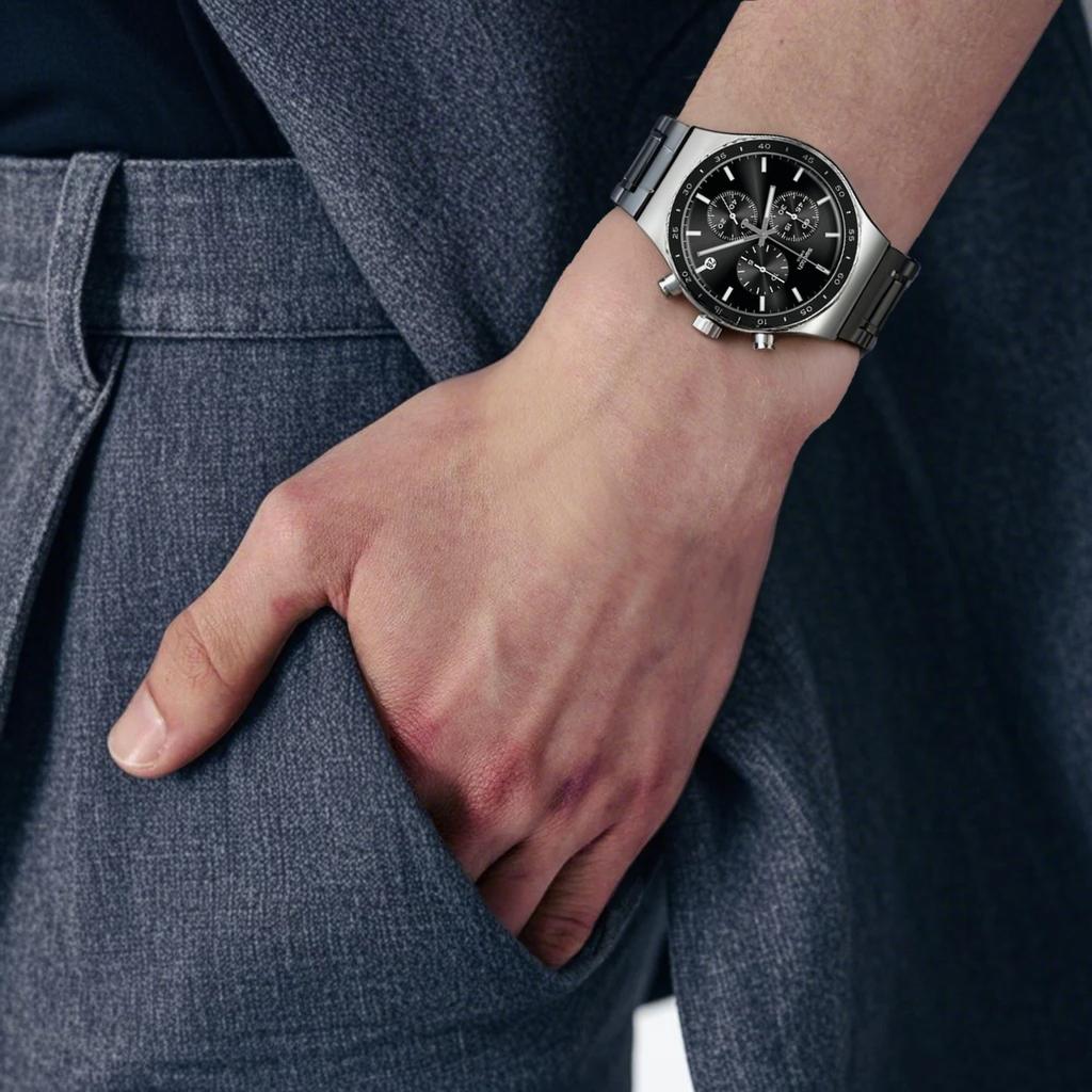 Swatch Metal Series Quartz Movement 30m Waterproof Watch 43mm Black Dial Stainless Steel Case Steel Bracelet Unisex watches Silver YVS495G