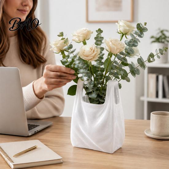 Artistic Ceramic Style Vase Handbag Shape Flower Vase, 3D Printed Desk White Modern Contemporary Living Room Decor Decorative Floral Container