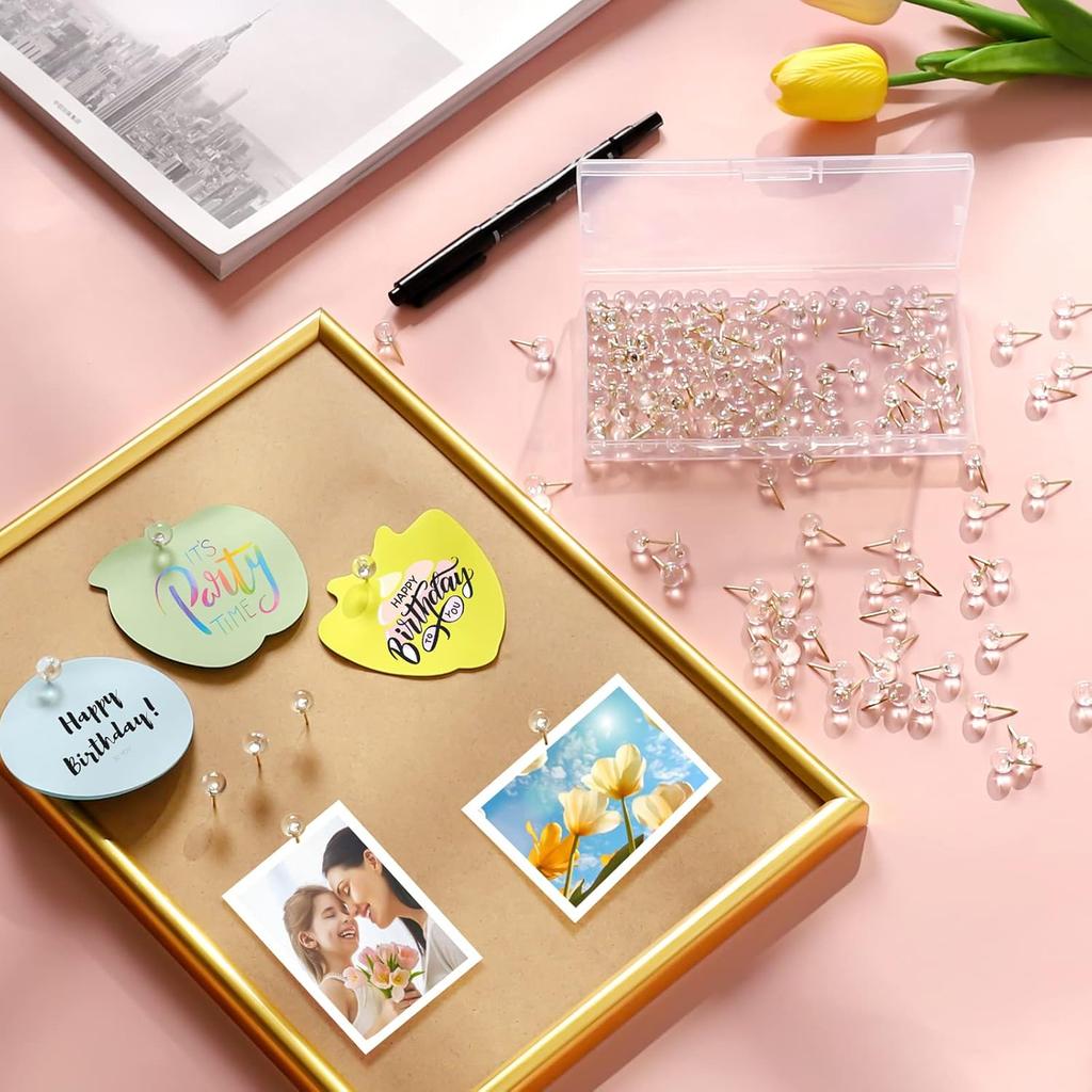 150 Pcs Push P, Standard & Transparent Plastic Head Steel Point Thumb Tacks for Wall, Office & Craft Organization (Gold)