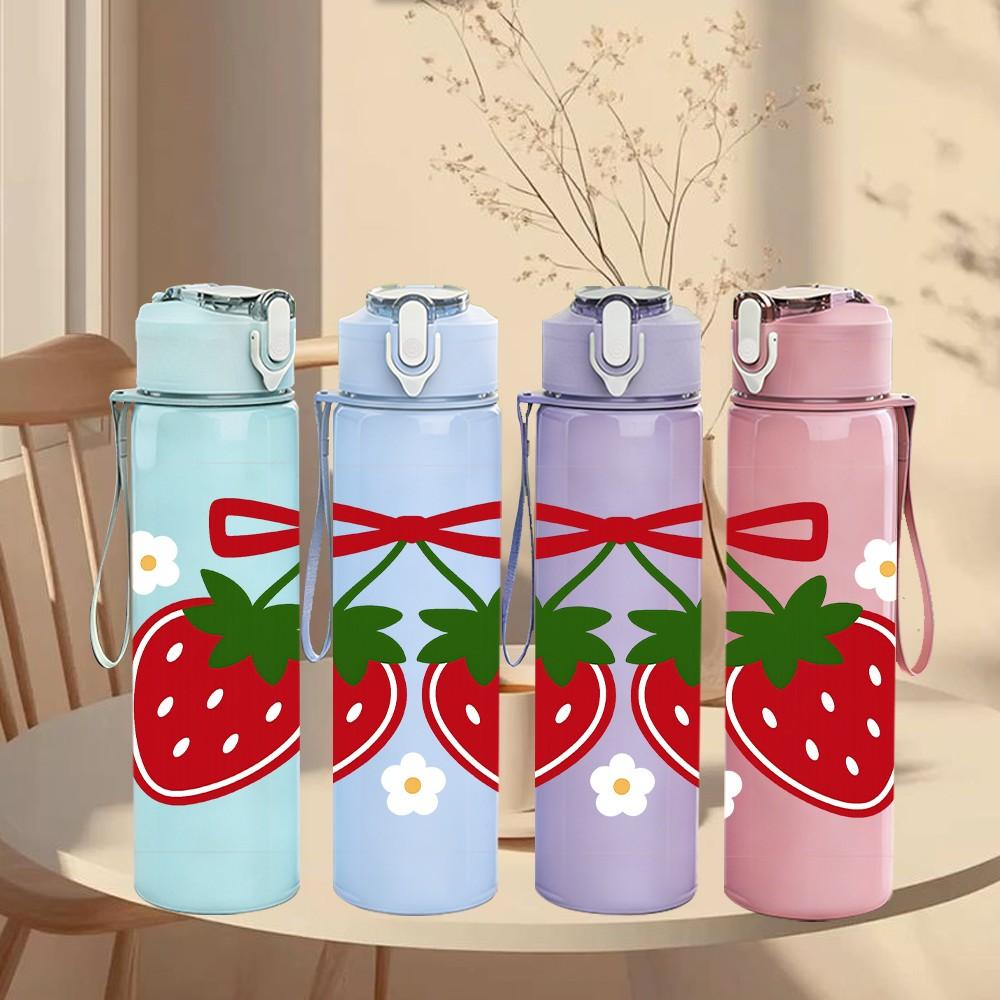 1PC Twin Red Strawberry With Bow 750ml Color Plastic Sports Water Bottle Leakproof Flip Straw Lid Suitable for Sports Office Home Use