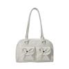 Ballet-style PU women's shoulder bag, double bow decoration, double front pockets, cylindrical shape, vintage soft daily underarm handbag