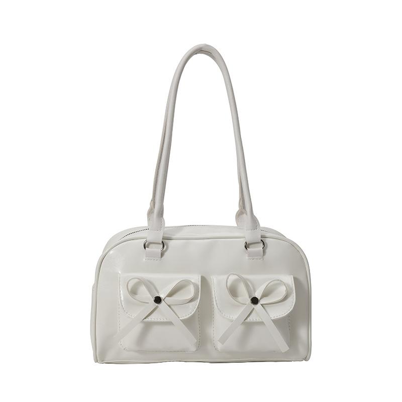 Ballet-style PU women's shoulder bag, double bow decoration, double front pockets, cylindrical shape, vintage soft daily underarm handbag