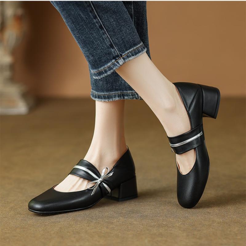 Fashion Vintage Square Toe Bowknot Decoration Pu Mary Jane Shoes Women 2025 Summer Medium Heel Dress Pumps Elegant Autumn Office Pumps