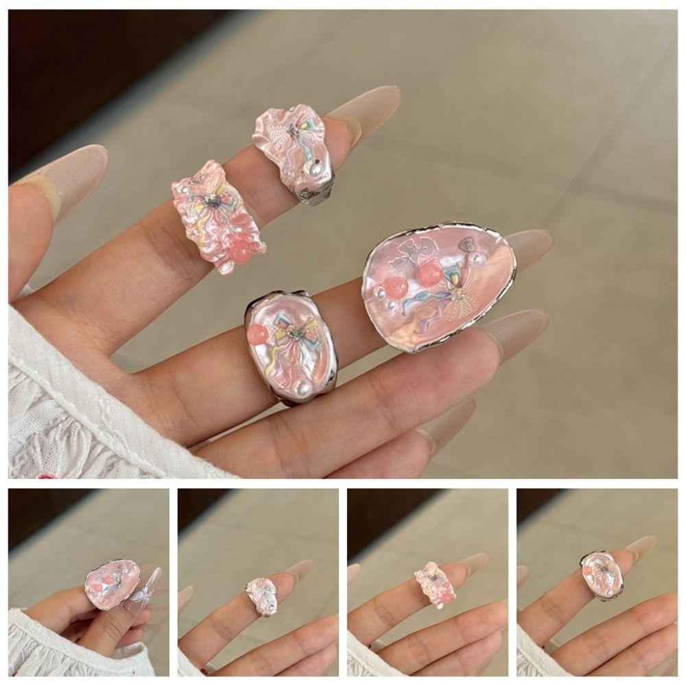 Adjustable Enamel Drip Oil Ring Zinc Zinc Alloy Pink Opening Ring Bowknot Finger Ring  Festival Ornaments