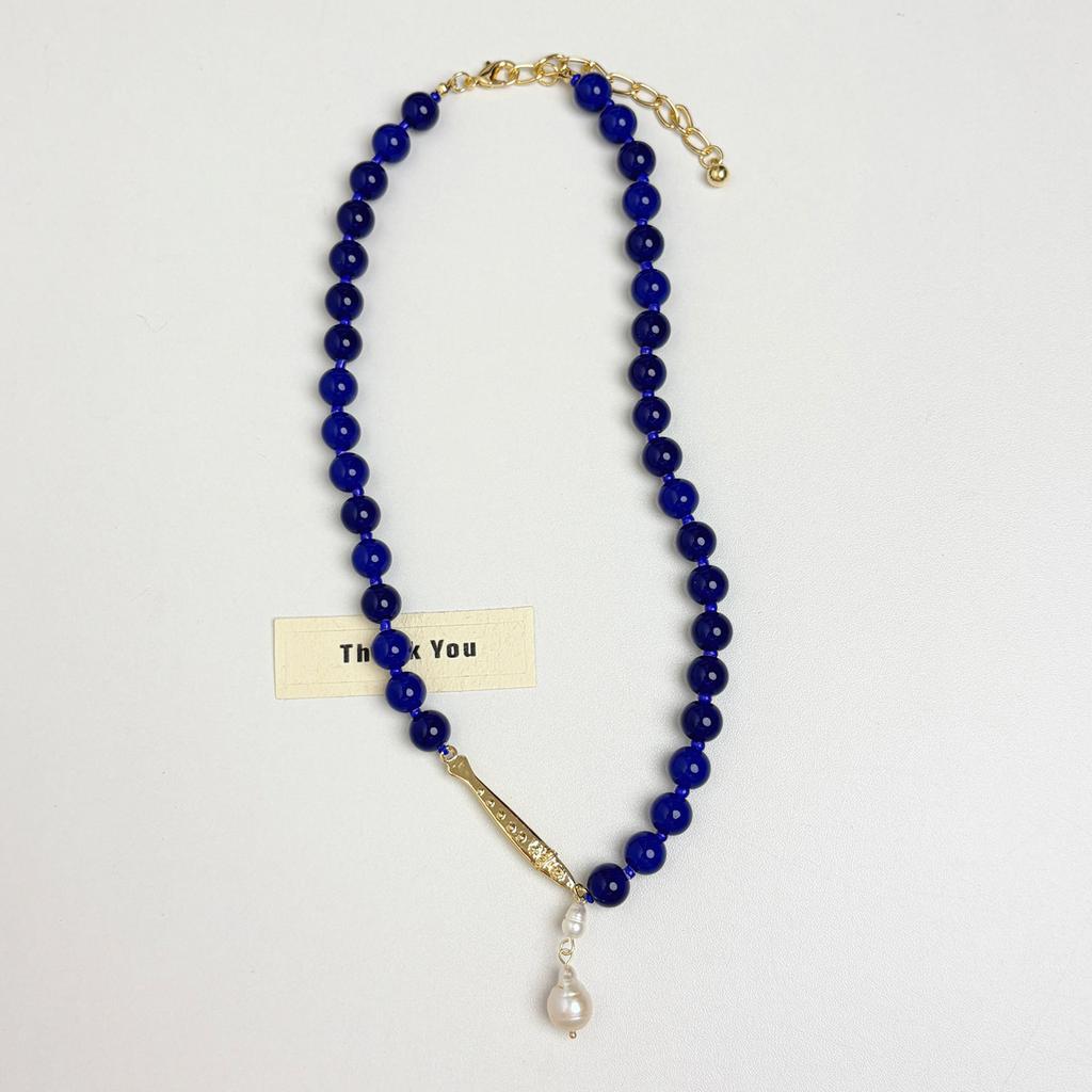 Vintage Fish Baroque Pearl Pendant Necklace Lapis Lazuli Color Beaded Choker for Women Party Trendy Jewelry Accessory Gifts