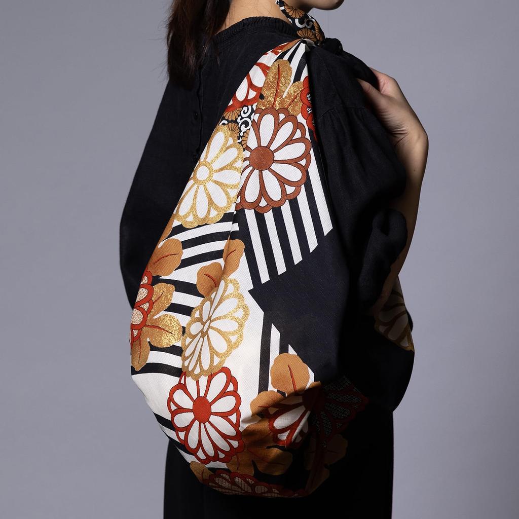 Musubi Furoshiki 120 Snow Moon Flowers Chrysanthemum and Flowing Water Kimono Black 120cm Cotton 100%