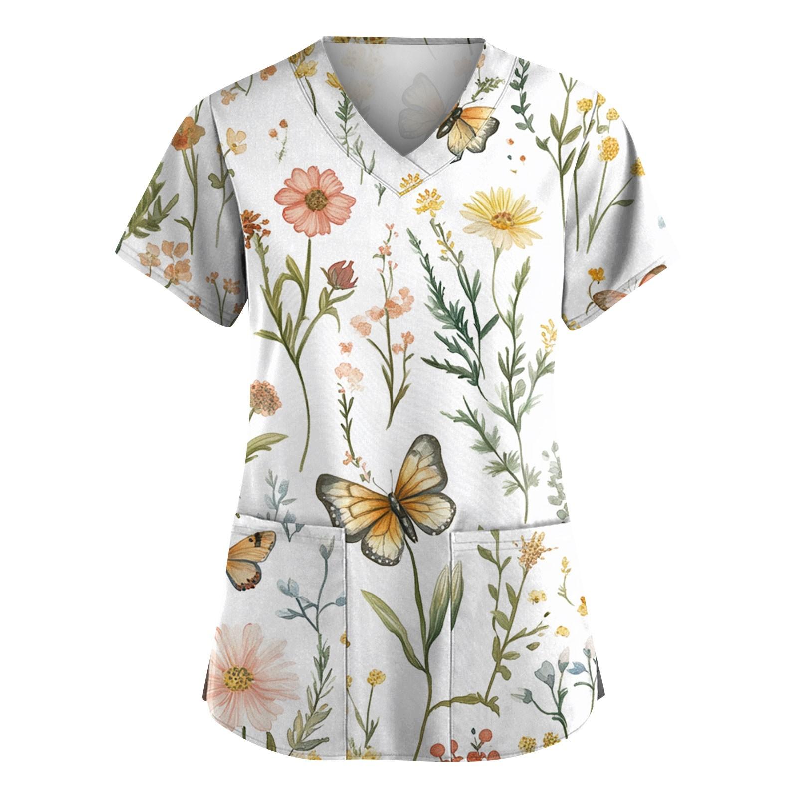 Women s Fashion Short Sleeve Fashion Vintage Floral Print V-Neck Pocket Workwear Tops XXL белый