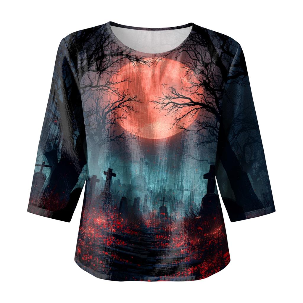 Women's Casual Halloween Print Crew Neck Three Quarter Sleeve Linen Cotton Top Autumn Lightweight Pullover Shirt for Daily Wear
