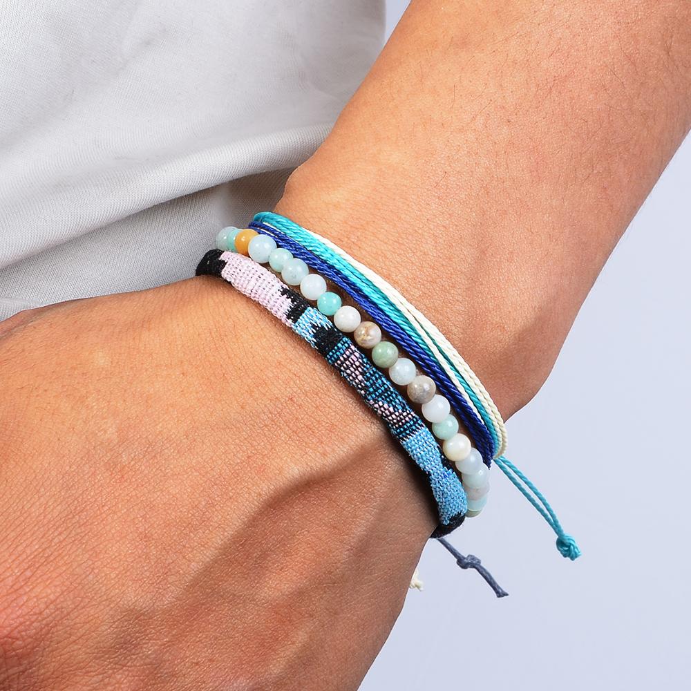 3pcs/set Men's Braided Bracelet Set, Natural Stone Couple's Bracelet, Bohemian Ethnic Cotton and Linen Hand-woven Bracelet