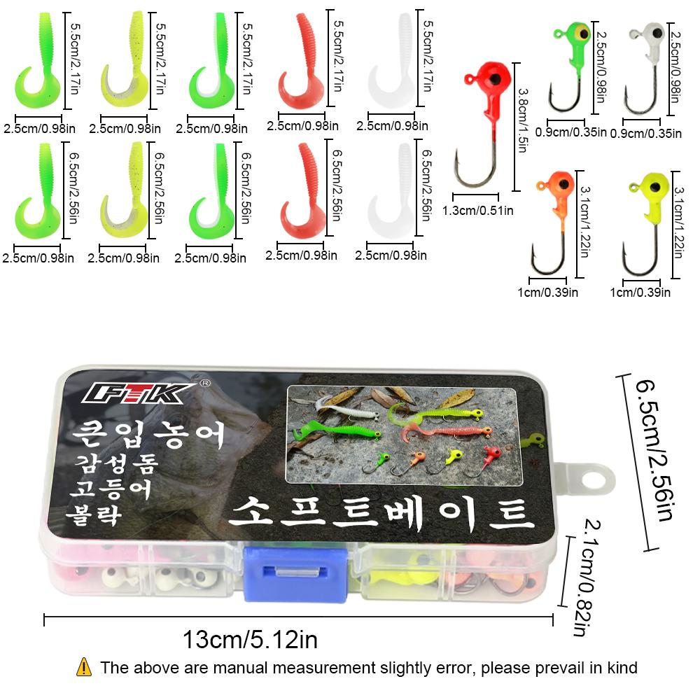 FTK 45PCS Soft Fishing Lures Kit Silicone Lure Set Artificial Bait Worm with Crank Jig Head Hook Fishing Tackle Set with Box
