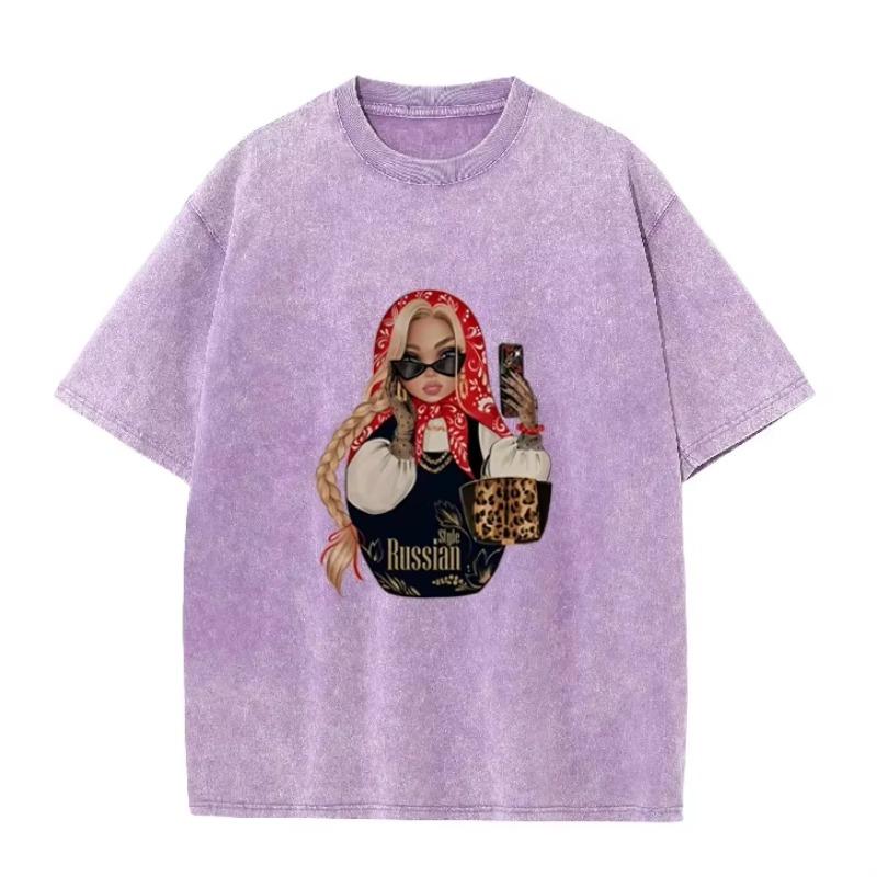 Fashion Russian Style Babushka Doll Print T-shirt Vintage Washed Casual Loose Short Sleeve Streetwear Tops