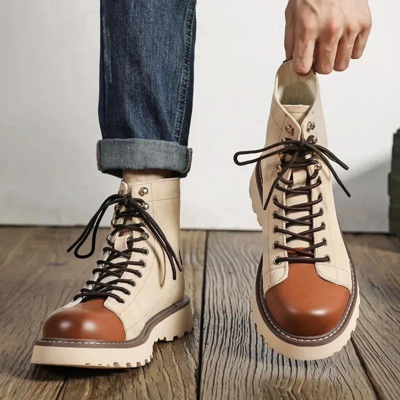 Fashion Mid-british Desert Boots for Men Color Match Autumn Winter Designer Cow Leather Platform Shoes Male Fashion Casual Ankle Boots