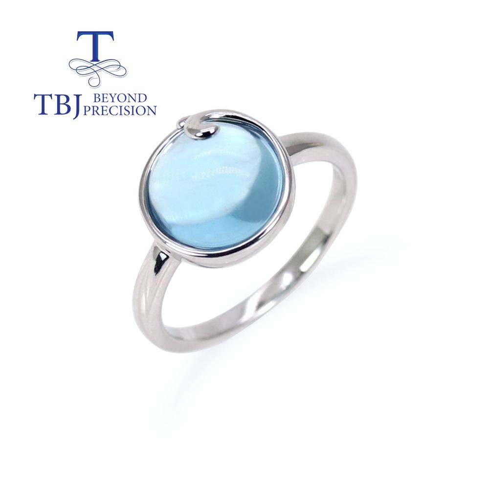Bolaijewelry Jednoduché přírodní nebe Topaz Kulatý drahokam 10,0 mm Dámský prsten Náušnice Sada šperků 925 stříbro módní jemné šperky pro denní nošení