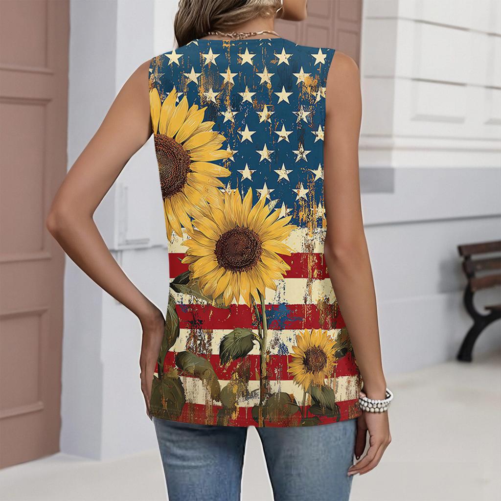Haut T-shirt Décontracté Mode Femme Imprimé Drapeau et Étoiles Jour de l'Indépendance Américaine Col en V Manches sans Manches Volants