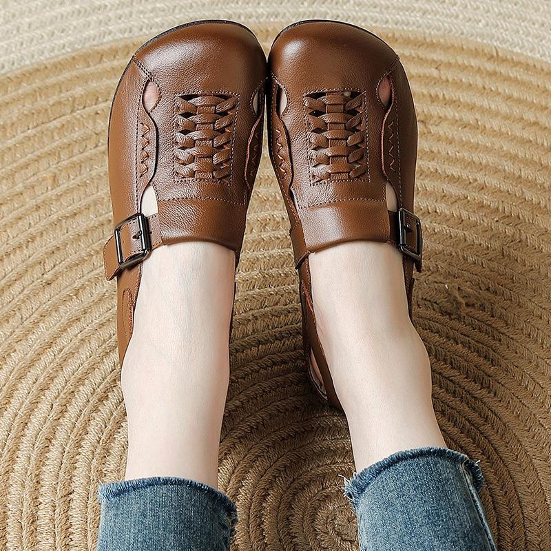 First layer cowhide retro women's shoes summer new hollow sandals comfortable soft sole cowhide sole flat bottom mother shoes genuine leather