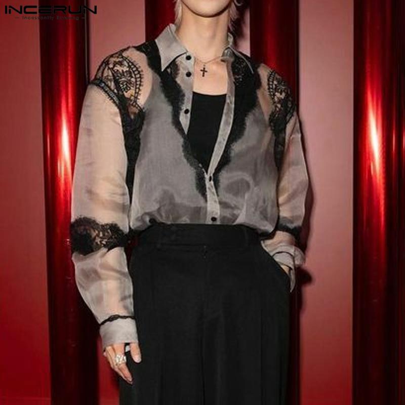 

INCERUN Men Spring Lace Floral Patchwork Buttons Shirts See Through Tops